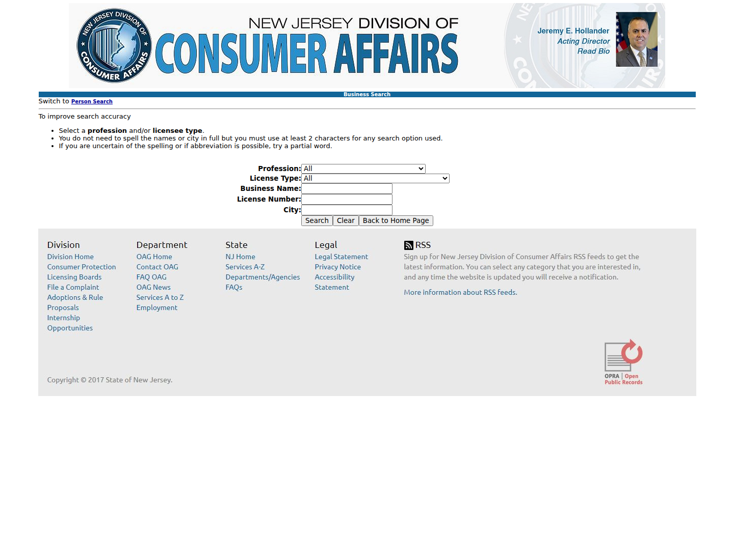New Jersey Division of Consumer Affairs business license search screen