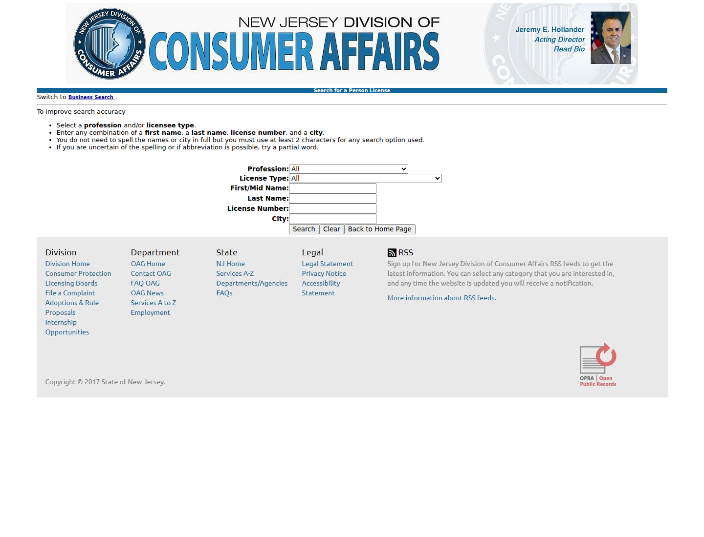 New Jersey Division of Consumer Affairs person license search screen